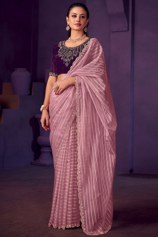 Beautiful Organza Fabric Pink Color Stone Work Saree