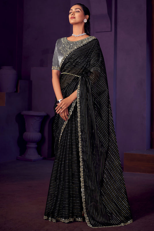 Black Color Organza Fabric Stone Work Saree