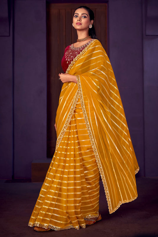 Mustard Color Stone Work Organza Fabric Party Wear Saree