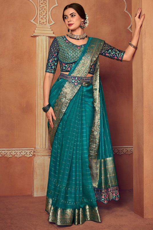 Attractive Cyan Color Border Work Organza Fabric Saree With Embroidered Designer Blouse