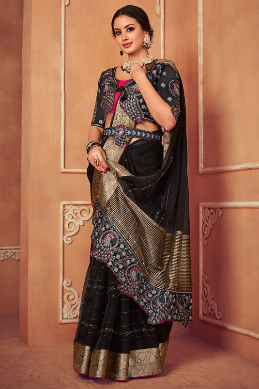 Organza Fabric Border Work Black Color Saree With Embroidered Designer Blouse