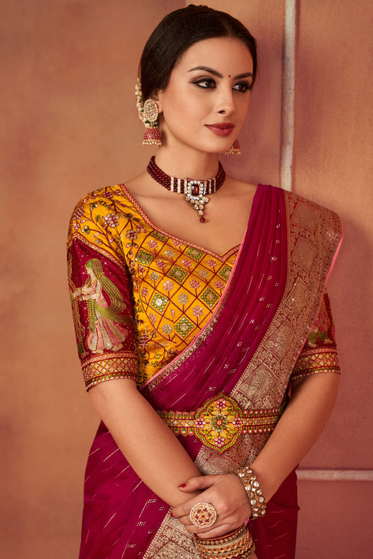 Rani Color Border Work Organza Fabric Saree With Embroidered Designer Blouse