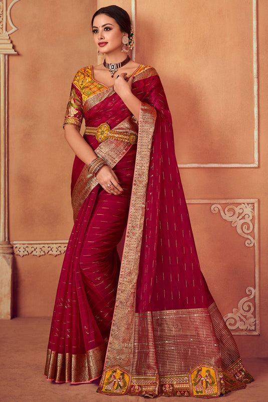 Rani Color Border Work Organza Fabric Saree With Embroidered Designer Blouse