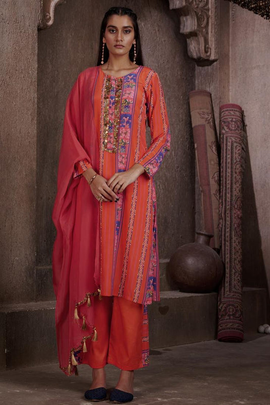 Exclusive Red Color Viscose Crepe Fabric Readymade Straight Cut Kurta Set