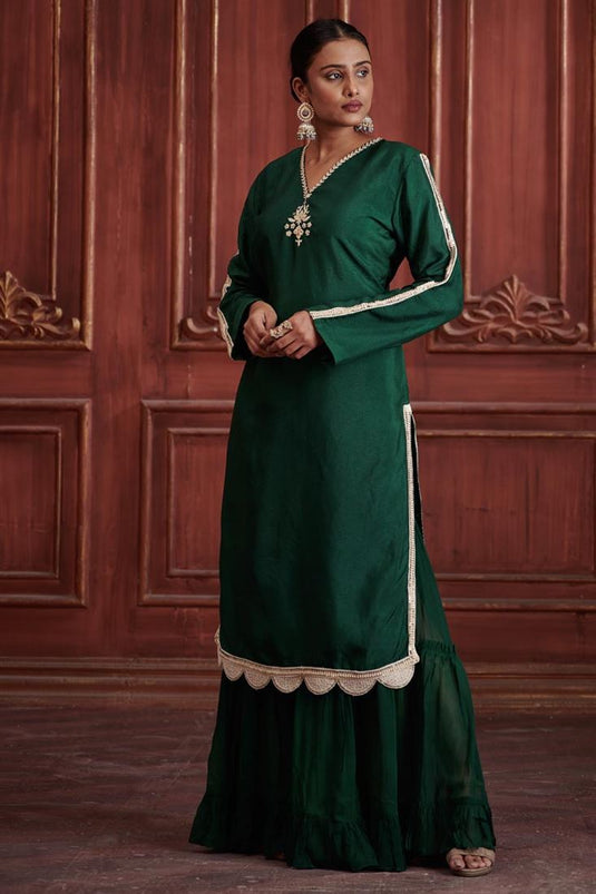 Exclusive Green Color Silk Fabric Hand Embroidered Party Wear Stylish Readymade Sharara Set