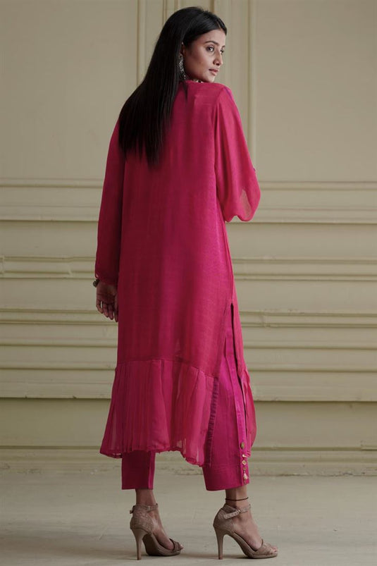 Exclusive Pink Color Georgette And Net Fabric Hand Embroidered Striking Readymade Kurta Palazzo Set