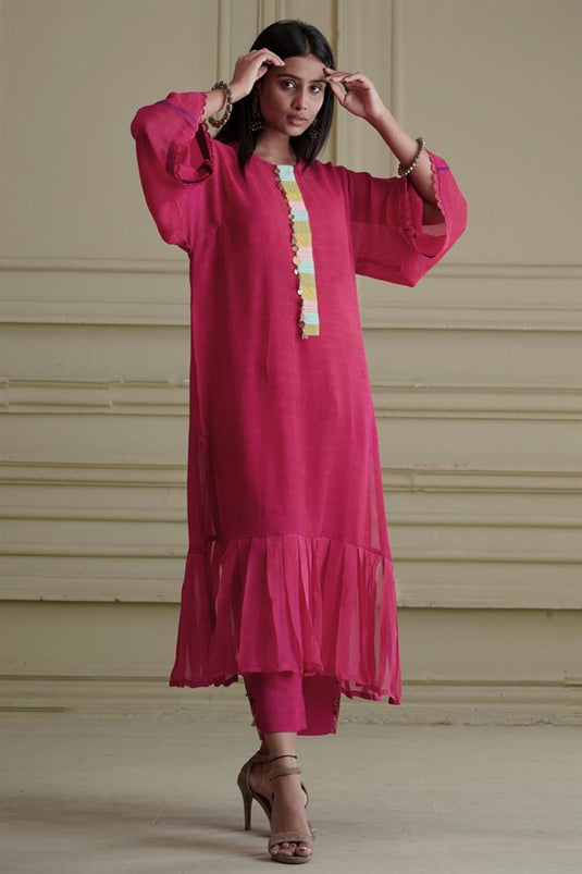 Exclusive Pink Color Georgette And Net Fabric Hand Embroidered Striking Readymade Kurta Palazzo Set