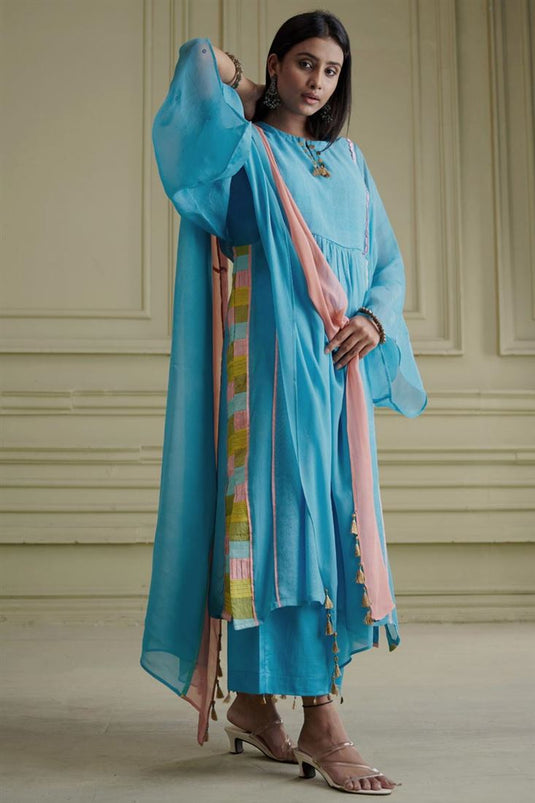 Exclusive Blue Color Georgette And Net Fabric Hand Embroidered Stunning Readymade Kurta Palazzo Set