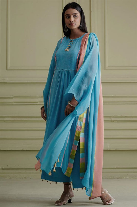 Exclusive Blue Color Georgette And Net Fabric Hand Embroidered Stunning Readymade Kurta Palazzo Set