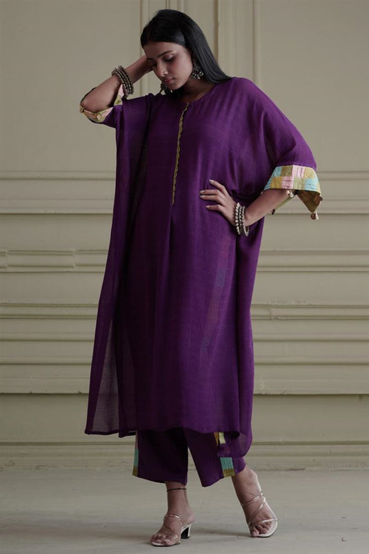 Exclusive Purple Color Georgette And Net Fabric Hand Embroidered Lovely Readymade Kaftaan Set