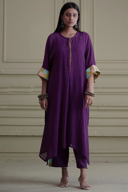 Exclusive Purple Color Georgette And Net Fabric Hand Embroidered Lovely Readymade Kaftaan Set