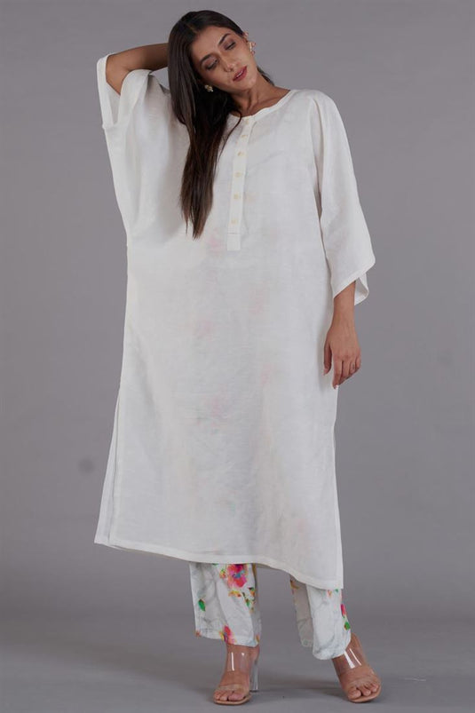 Exclusive White Color Linen Fabric Readymade Kurti With Palazzo