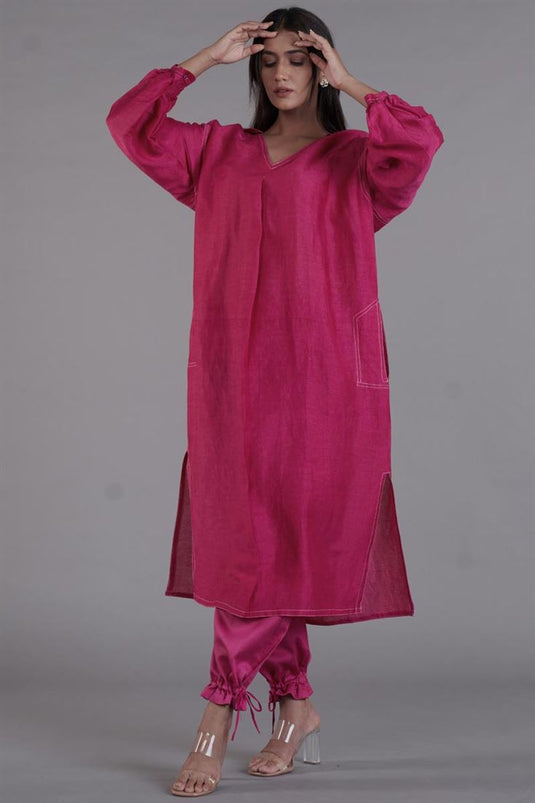 Exclusive Pink Color Linen Fabric Readymade Kurti With Palazzo