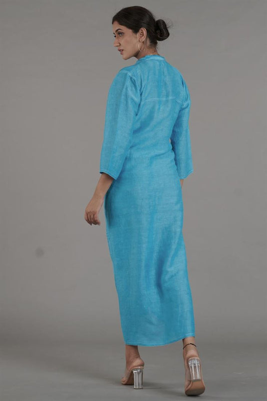 Exclusive Cyan Color Linen Fabric Readymade Maxi Dress