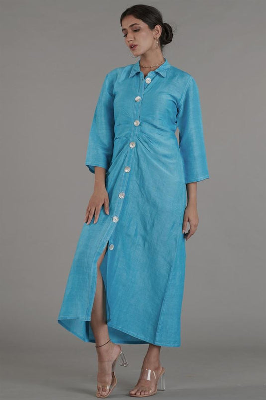 Exclusive Cyan Color Linen Fabric Readymade Maxi Dress