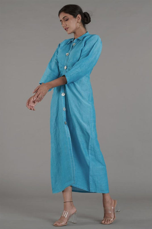 Exclusive Cyan Color Linen Fabric Readymade Maxi Dress