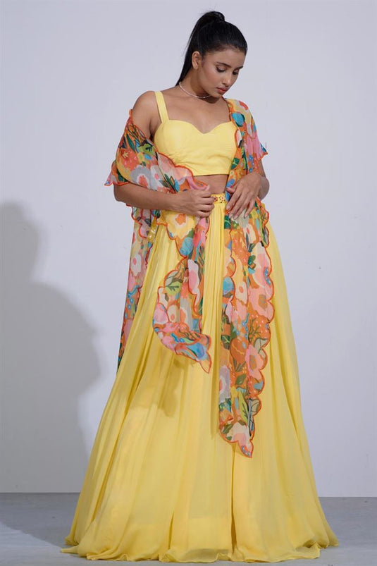 Exclusive Yellow Color Georgette Fabric Hand Embroidered Wedding Wear Readymade Lehenga Choli