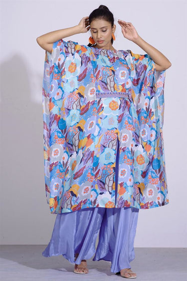 Exclusive Blue Color Silk Fabric Beautiful Readymade Kaftaan With Flared Pants