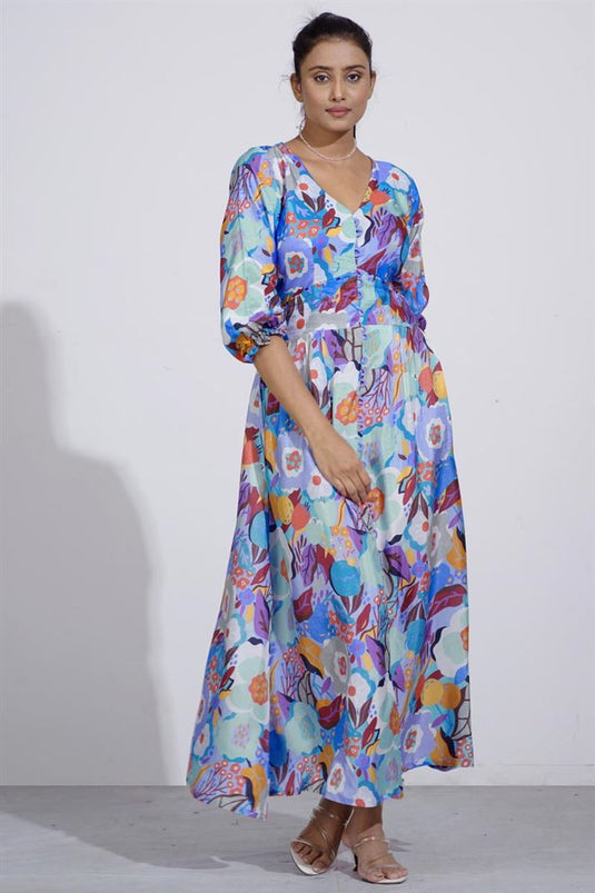 Exclusive Blue Color Silk Fabric Attractive Readymade Maxi Dress