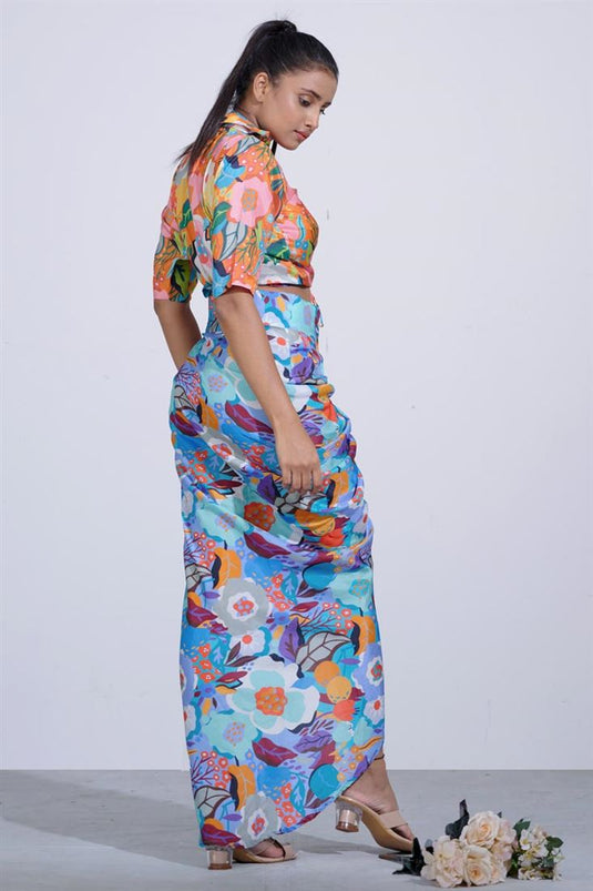 Exclusive Blue Color Silk Fabric Enriching Readymade Wrap Skirt And Top