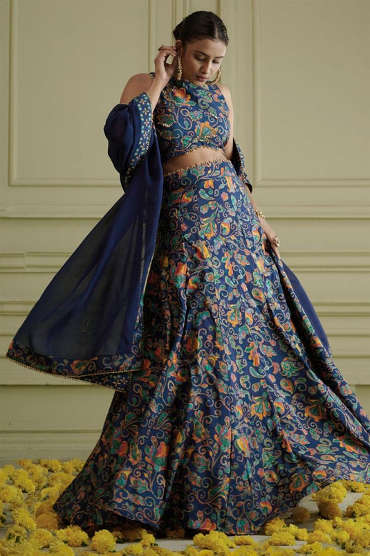 Exclusive Blue Color Silk Fabric Hand Embroidered Graceful Sangeet Wear Readymade Lehenga Choli