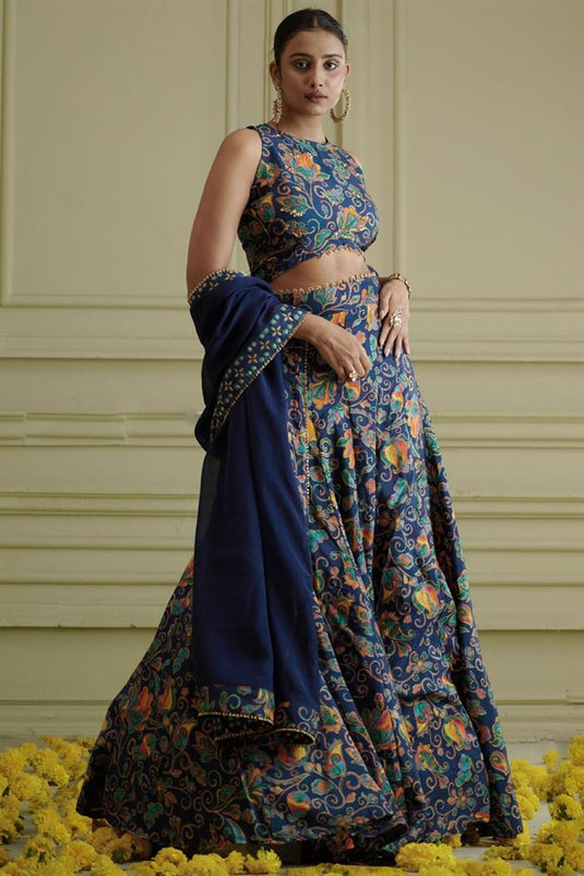 Exclusive Blue Color Silk Fabric Hand Embroidered Graceful Sangeet Wear Readymade Lehenga Choli