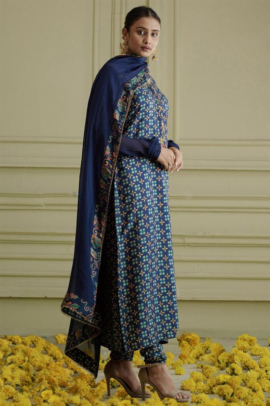 Exclusive Blue Color Silk Fabric Hand Embroidered Trendy Readymade Straight Cut Kurti