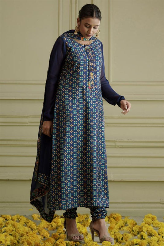 Exclusive Blue Color Silk Fabric Hand Embroidered Trendy Readymade Straight Cut Kurti