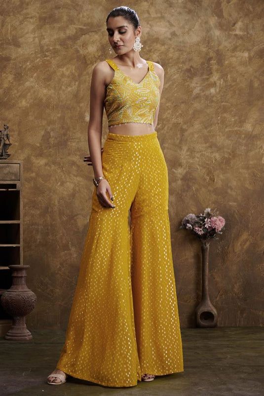 Exclusive Yellow Color Hand Embroidered Party Wear Readymade Sharara Set With Jacket