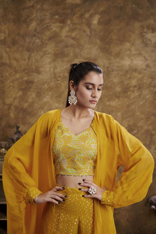 Exclusive Yellow Color Hand Embroidered Party Wear Readymade Sharara Set With Jacket