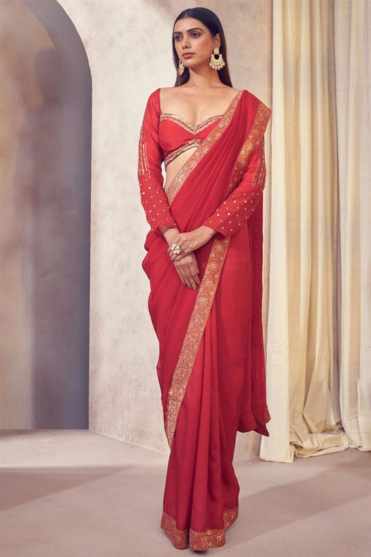 Exclusive Red Color Organza Fabric Hand Embroidered Party Wear Readymade Saree