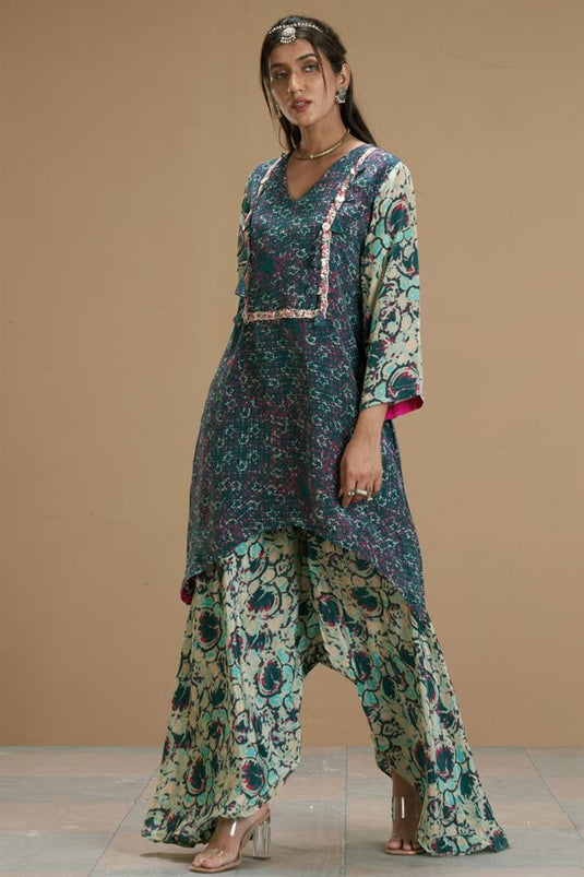 Exclusive Green Color Viscose Crepe Fabric Hand Embroidered Engaging Readymade Kurti With Palazzo