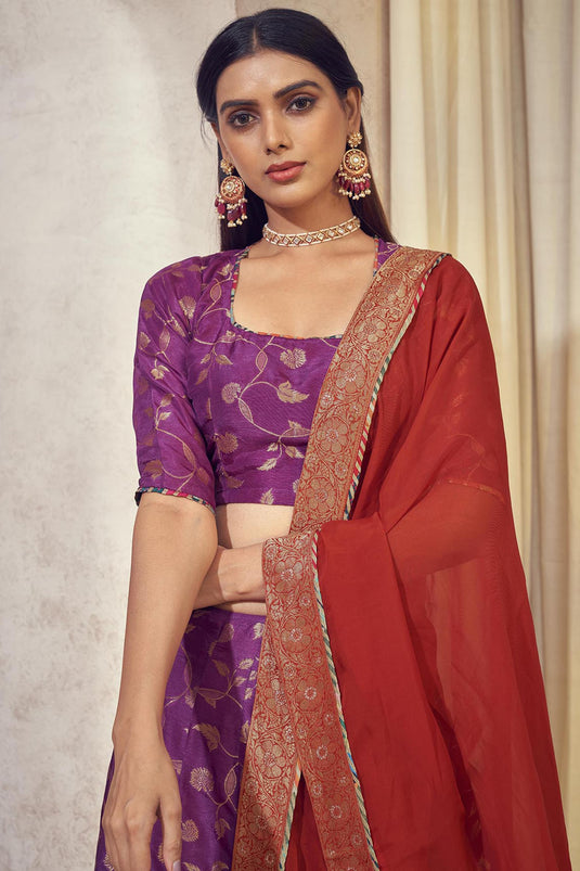 Exclusive Purple Color Dola Silk Jacquard Fabric Weaving Jacquard Readymade Designer Lehenga Choli