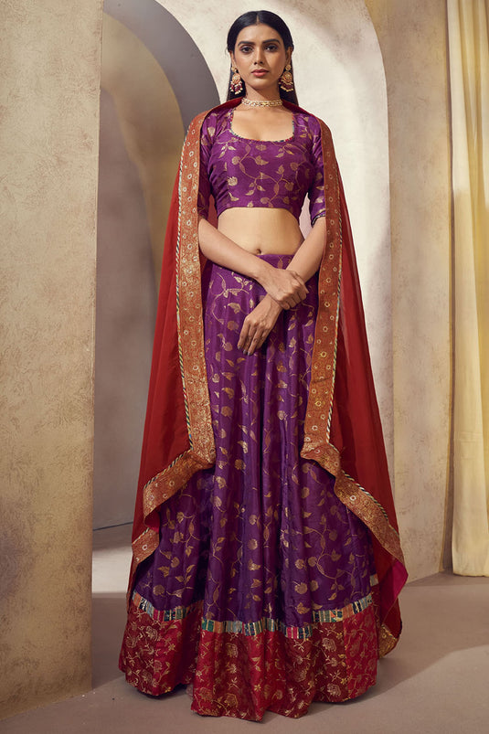 Exclusive Purple Color Dola Silk Jacquard Fabric Weaving Jacquard Readymade Designer Lehenga Choli