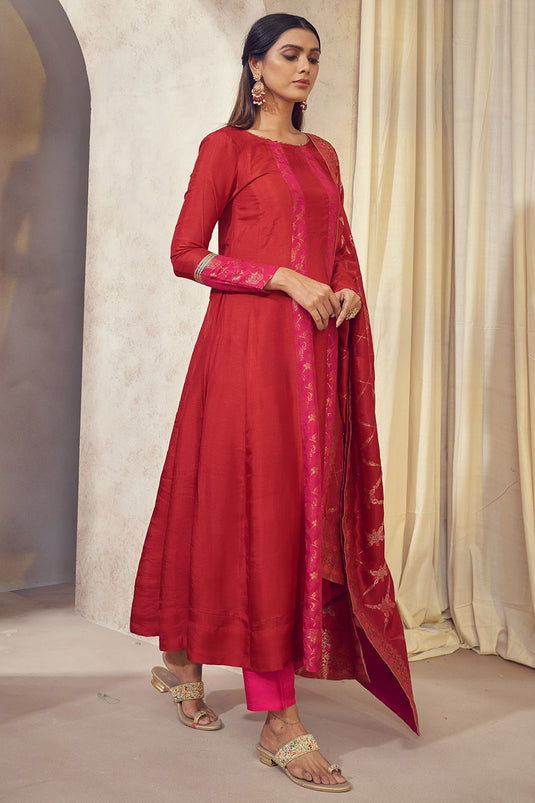 Exclusive Red Color Dola Silk Jacquard Fabric Weaving Jacquard Readymade Anarkali Kurta Set