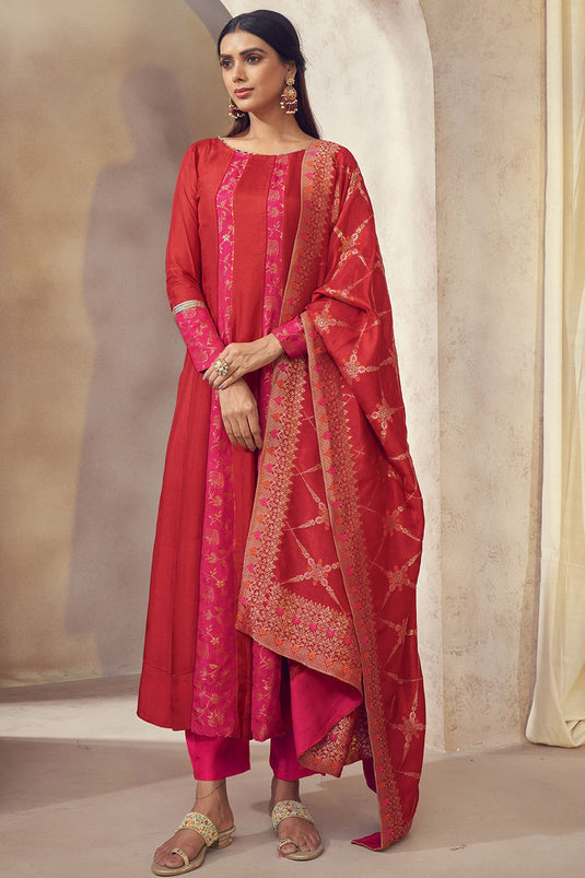 Exclusive Red Color Dola Silk Jacquard Fabric Weaving Jacquard Readymade Anarkali Kurta Set