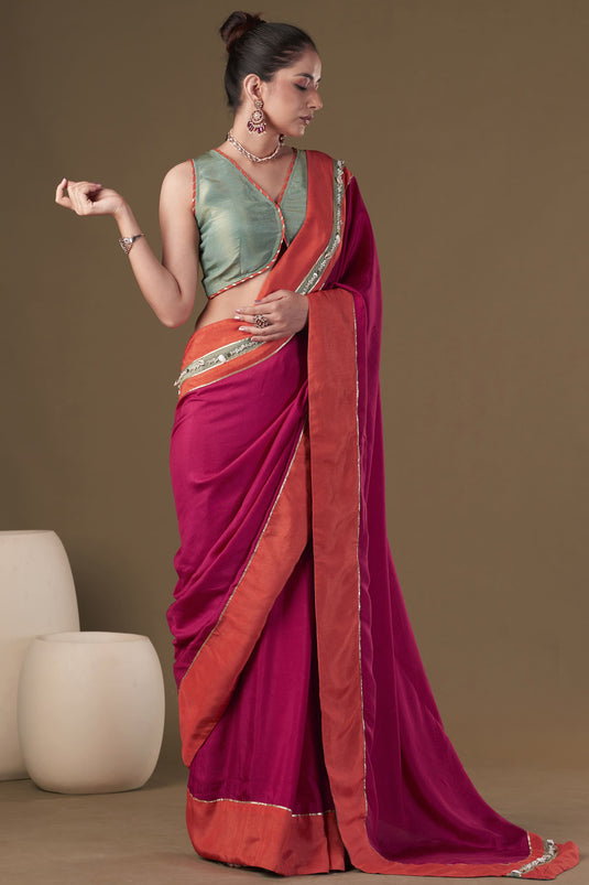 Exclusive Pink Color Art Silk Fabric Embroidered Work Party Wear Designer Readymade Classic Saree