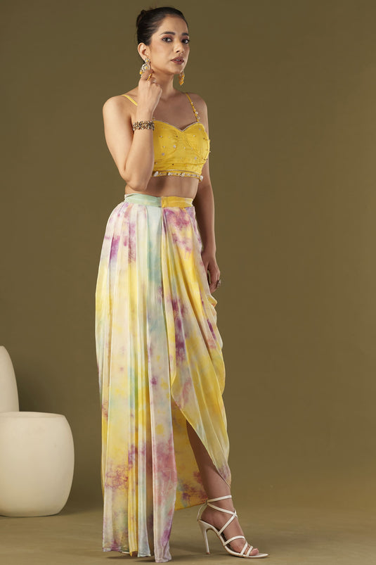 Exclusive Yellow Color Viscose Crepe Fabric Embroidered Work Party Wear Designer Readymade Draped Skirt Set