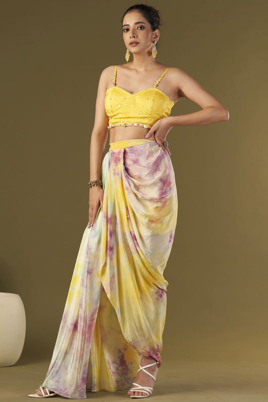 Exclusive Yellow Color Viscose Crepe Fabric Embroidered Work Party Wear Designer Readymade Draped Skirt Set