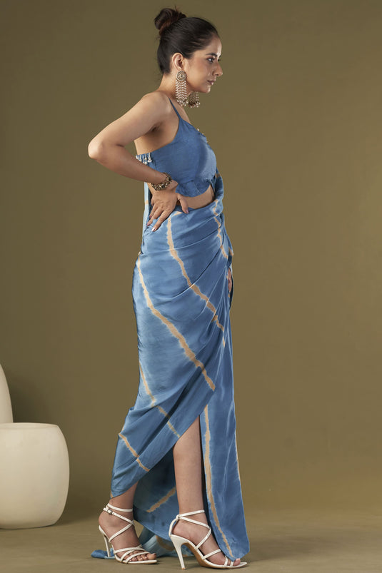 Exclusive Blue Color Viscose Crepe Fabric Embroidered Work Party Wear Designer Readymade Pre Draped Saree