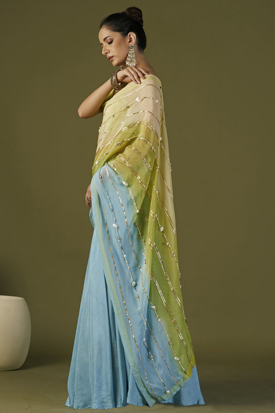 Exclusive Sky Blue Color Art Silk Fabric Embroidered Work Party Wear Designer Readymade Lehenga Saree