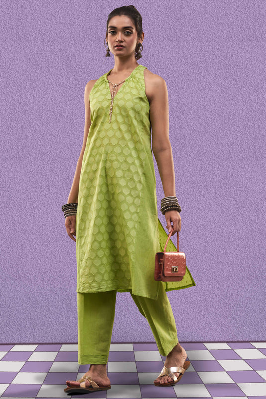 Exclusive Green Color Cotton Jacquard Fabric Party Wear Designer Readymade Fusion Kurta Set