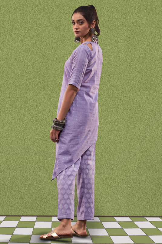 Exclusive Lavender Color Cotton Jacquard Fabric Party Wear Designer Readymade Fusion Kurta Set