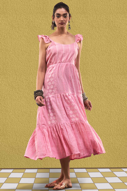 Exclusive Pink Color Cotton Jacquard Fabric Party Wear Designer Readymade Maxi Dress