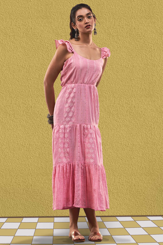 Exclusive Pink Color Cotton Jacquard Fabric Party Wear Designer Readymade Maxi Dress