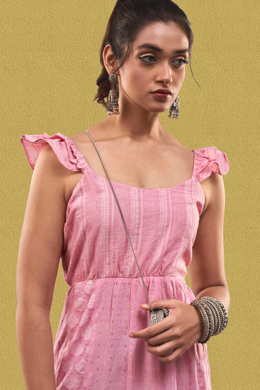 Exclusive Pink Color Cotton Jacquard Fabric Party Wear Designer Readymade Maxi Dress