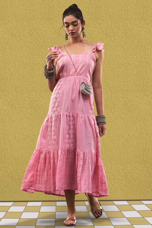 Exclusive Pink Color Cotton Jacquard Fabric Party Wear Designer Readymade Maxi Dress