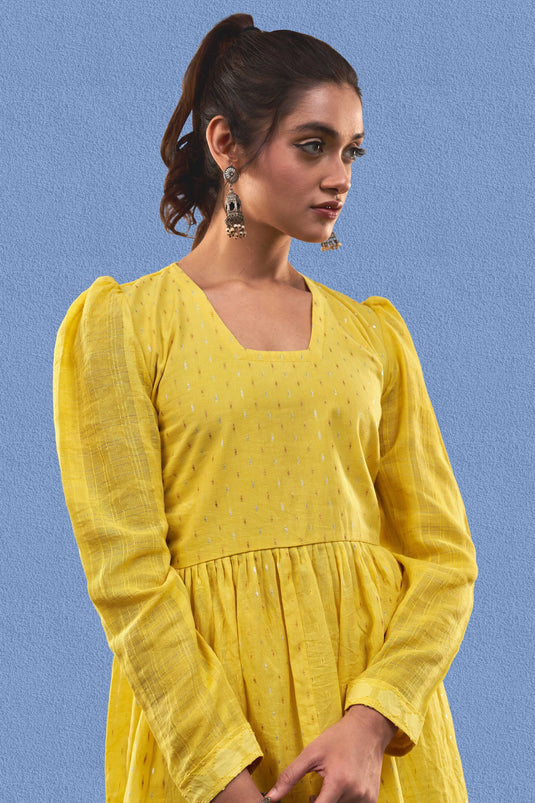 Exclusive Yellow Color Cotton Jacquard Fabric Party Wear Designer Readymade Fusion Kurta Set