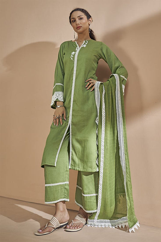 Exclusive Green Color Cotton Satin Fabric Function Wear Fancy Readymade Kurta Set With Bottom