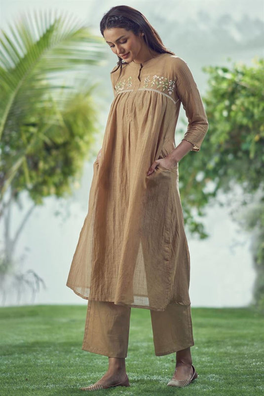 Exclusive Brown Color Mal Cotton Fabric Readymade Kurta Set